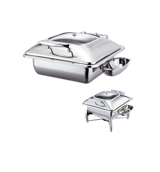 Stainless Steel Deluxe Square Chafer with Glass Show Window complete with Detachable Spoon Holder