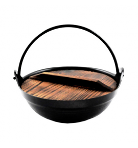 Cast Iron Sukiyaki Pot With Single Handle and Wooden Lid